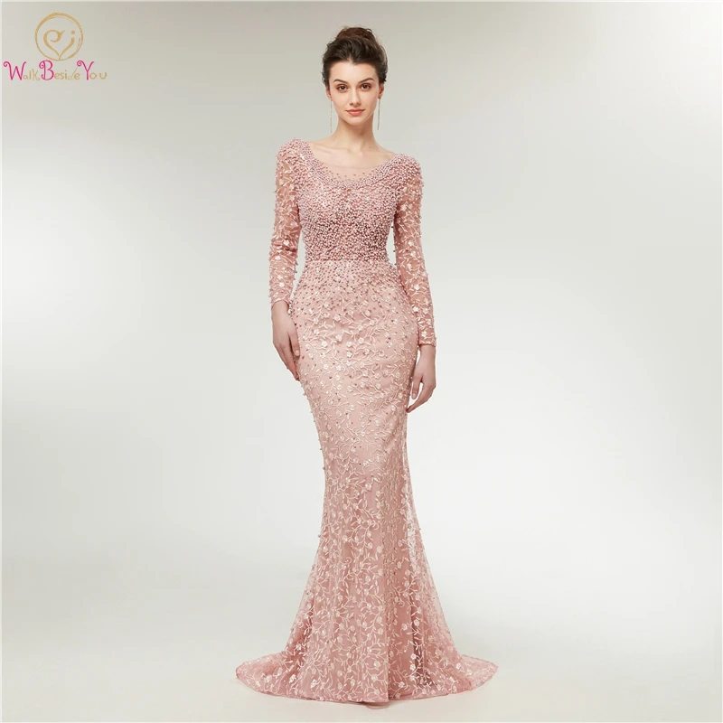 2019 новые розовые кружевные вечерние платья русалки с длинными рукавами роскошное элегантное глубокое круглое декольте элегантные