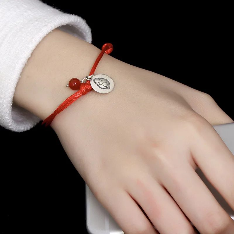 

Real 925 Sterling Silver Chinese zodiac Red Bracelet For Women Bangle Wax String Amulet Friendship Gift Handmade Lucky Jewelry
