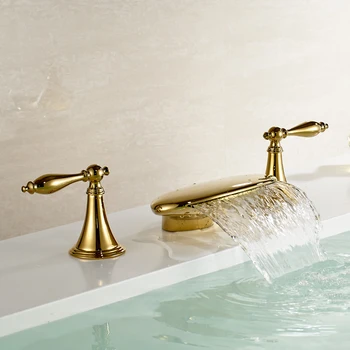 

Luxury Widespread Double Handles Tub Faucet 3 Holes Basin Mixer Tap Gold Finish