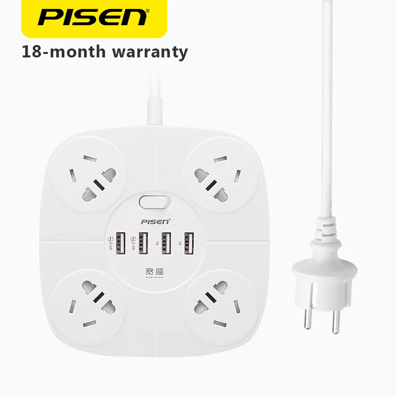 Pisen 4 Розетки& 4 usb выходы Мощность полосы Электроника Smart Расширители с ЕС переходник Мощность Кнопка Стабилизатор напряжения - Цвет: White