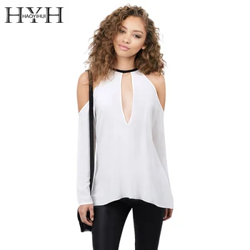 

HYH HAOYIHUI Women New Fashion Solid Blouse Sexy Cold Shoulder Hollow Out Front Tops 3 Colors Streetwear Sweet Chiffon Blouse