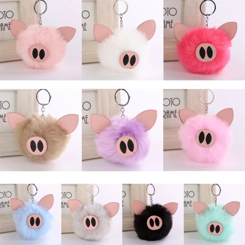 

THINKTHENDO Cute Cartoon Pig Faux Fur PomPom DIY Car Handbag Keychain Fluffy Ball Pendant