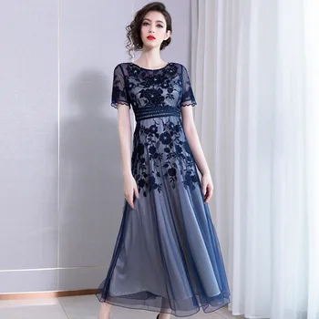 

Party Dress Summer Woman 2019 New Fashion Embroidered Round Neck Short Sleeves Empire Waist Slim Plus Size Mesh Dress Long M-3XL