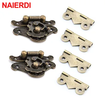 NAIERDI 2Pcs Antique Bronze Jewelry Wooden Box Hasp Latch + 4Pcs Cabinet Hinges Mini Door Hinges Hardware Furniture Accessories bqlzr metal decorative bronze mini spring hinges replacement for jewelry box pack of 20
