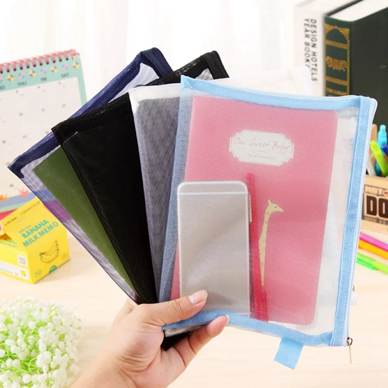 

1PC New Practical Transparent Simple Mesh Zipper Stationery File Bag Pencil Case Makeup School Office Supply