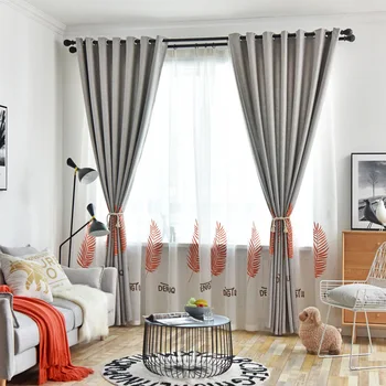 

Nordic Simple Modern Small Fresh Leaves Linen Embroidery Curtains for Living Dining Room Bedroom.