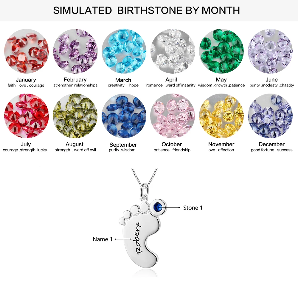 Персонализированные детские ноги кулон ожерелье Пользовательское имя и камень рождения 925 пробы Серебряное ожерелье для мамы(JewelOra NE102376
