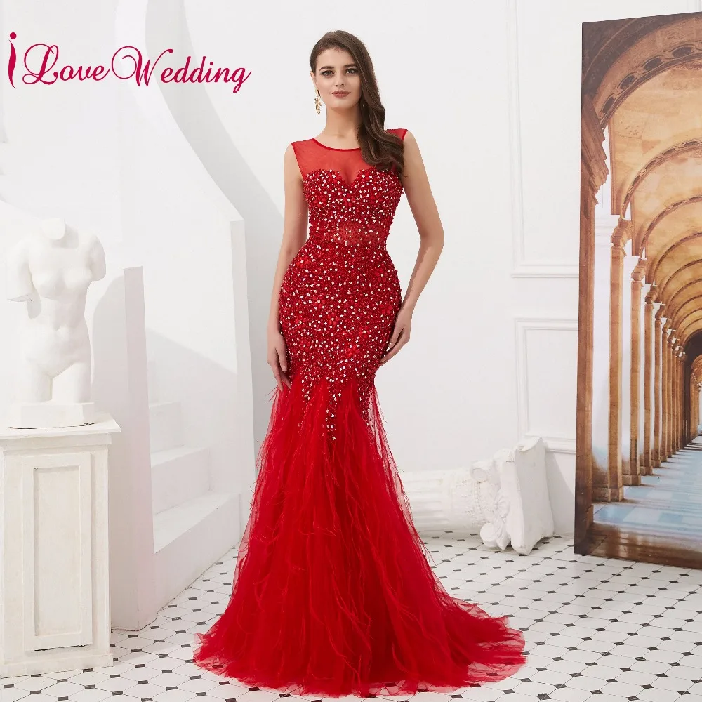 

2019 Evening Dress Red Crystal Beaded Sleevless Formal Dress Trumpet Sweep Train Feather Luxury Evening Party Gowns