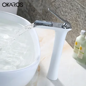 

OKAROS Bathroom Basin Faucet Heighten Solid Brass White Baked Chrome Finish Single Handle Hot Cold Water Vessel Sink Tap Mixer
