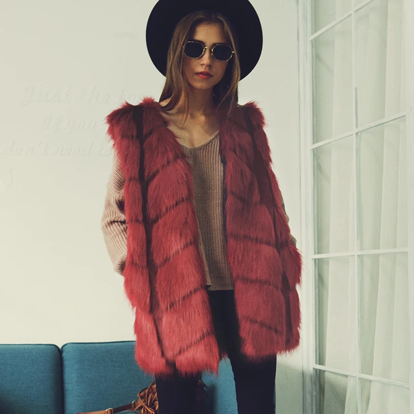 Lanshifei T0755 Fashion Faux Fur Vest Women Fake fox Fur Gelit V Collar