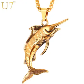 

U7 Stainless Steel Swordfish Pendant & Chain Necklace Rock Sea Animal Punk Kpop Necklaces Men Jewelry P1118