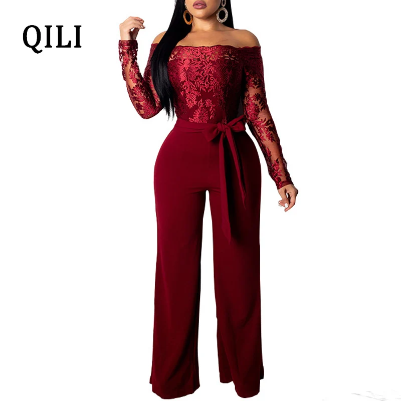 

QILI New Autumn Winter Women Jumpsuits Romper Off Shoulder Long Sleeve Lace Patchwork Slim Wide Leg Jumpsuit High Street