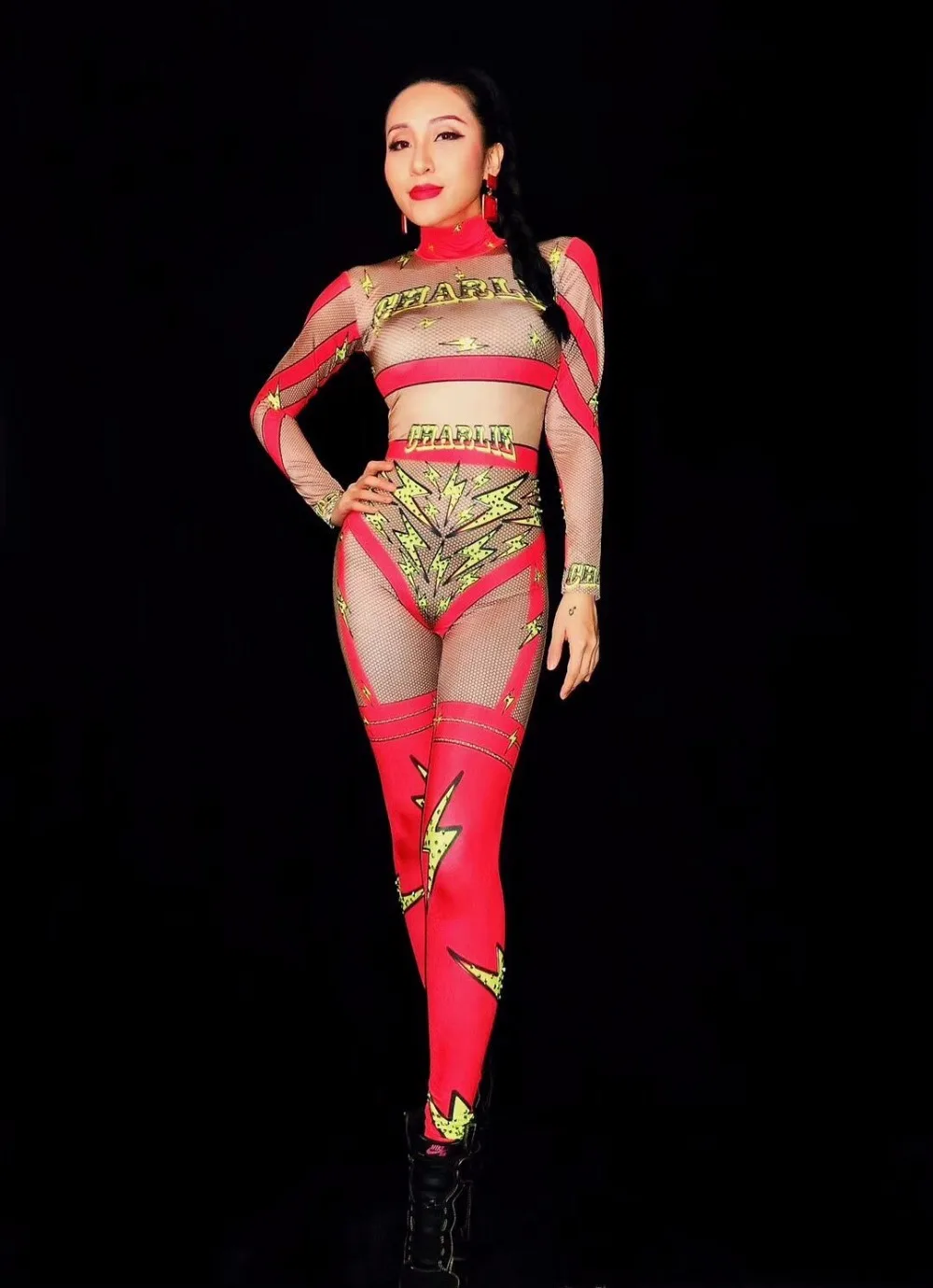 

New Style Lightning Pattern Mesh 3 Color Jumpsuit Stones Leggings Outfit Nightclub Singer Stage Show Sexy Women Stretch Clothes