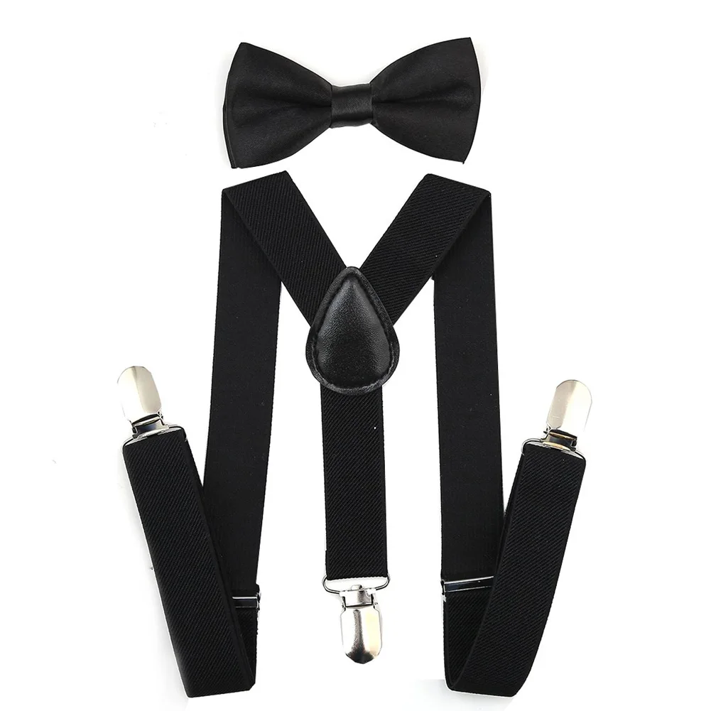 Детские подтяжки комплект с бабочкой регулируемая эластичная Подвеска для мальчиков девочек cravate pour homme - Цвет: Черный