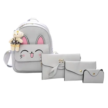 

4Pcs/set Cute Women Cat Print Backpack Female PU Leather school Mochila for Teenage Girls Student Bag Set Rucksack Zipper Bags