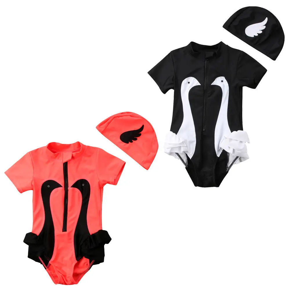 Little Girl Cute 3D Swan Swimsuit Kids Baby Girl Short Sleeve Swimsuits
