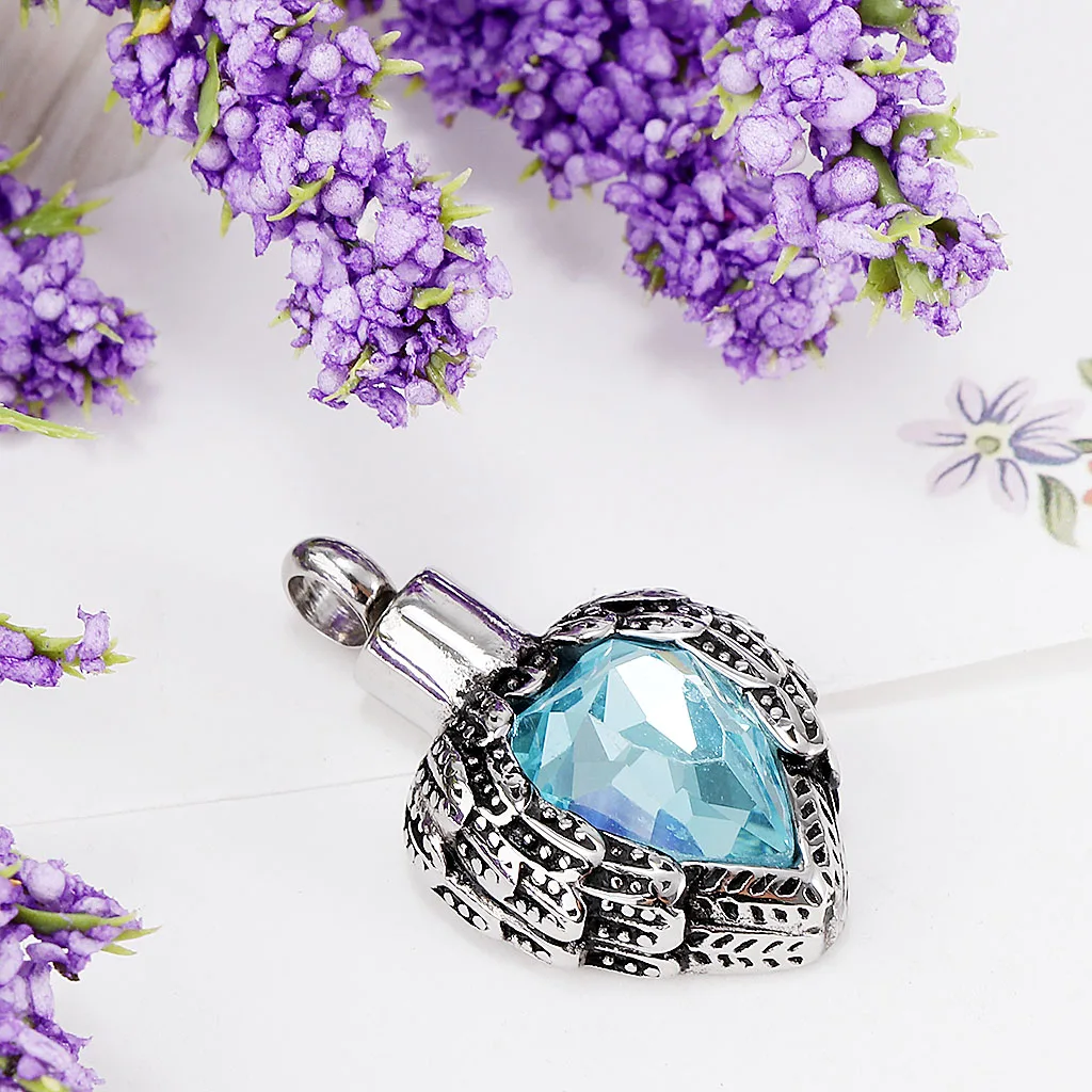 MagiDeal Faceted Gem Rhinestone Heart Stainless Steel Feathers Shape Urn Ash Pendant Cremation Charms