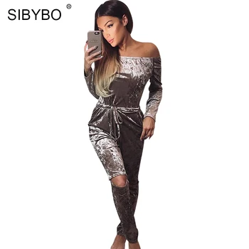 Autumn Off Shoulder Women Jumpsuits 2016 Long Sleeve Bodysuit Velvet High Waist Plus Size Overalls Bodycon Jumpsuit Rompers
