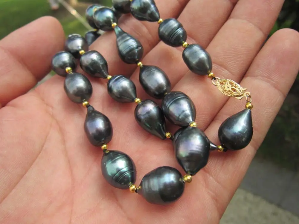 

18" AAA 10-13 MM SOUTH SEA NATURALBLACK PEARL NECKLACE 925silver GOLD CLASP