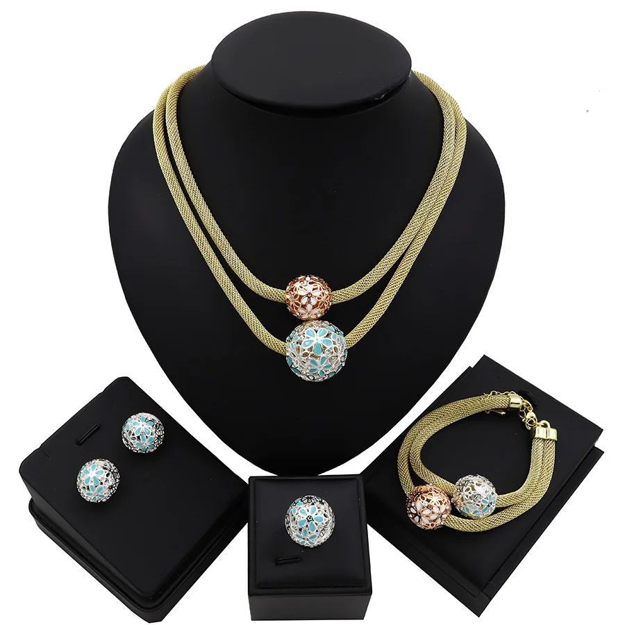 

TSROUND 2019 Fashion Dubai Plated Gold Lady Jewelry Sets Two Tones Colors Ball Pendant