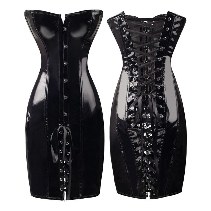 

Gothic Dress PVC Corset Lace up Straps Wetlook Bodycon Wrap chest Sexy Ladies