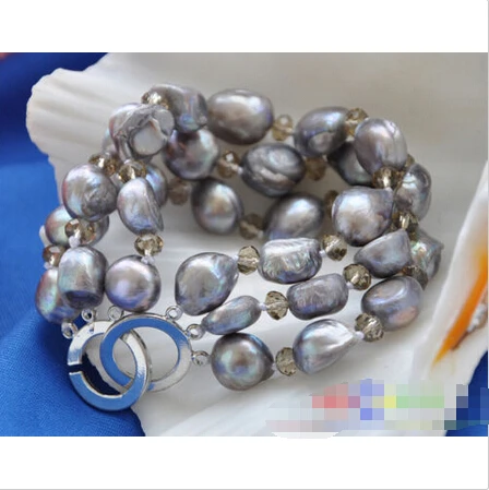 

Free shipping >>>>>>p3166 HOT 3row 8" 13mm gray baroque fw cultured pearl Smoky quartz bracelet