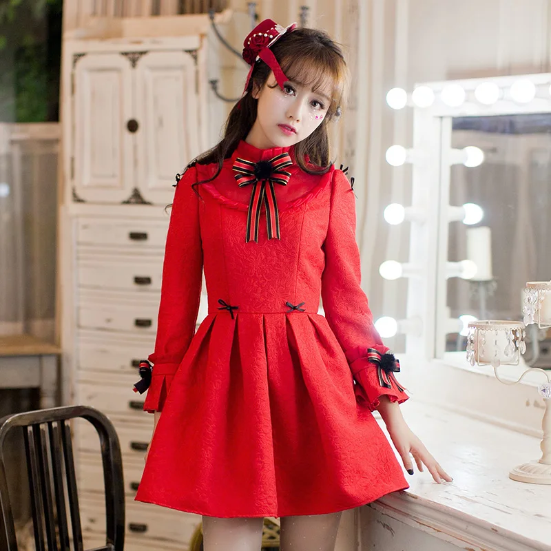 

Princess sweet lolita red dress Candy rain Bow decoration A-line Stand collar ball top european style Japanese design C16CD6196