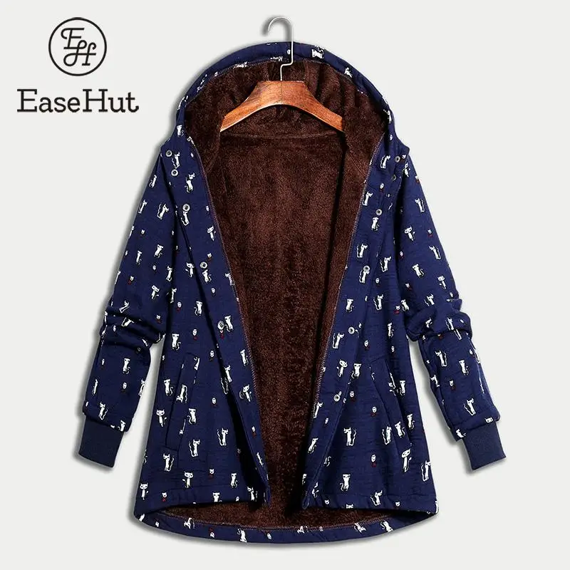 

EaseHut Women Vintage Jacket Coat Hooded Fleece Lined Warm Parka Coat Outerwear Cartoon Printed Overcoat Female Vintage Coats