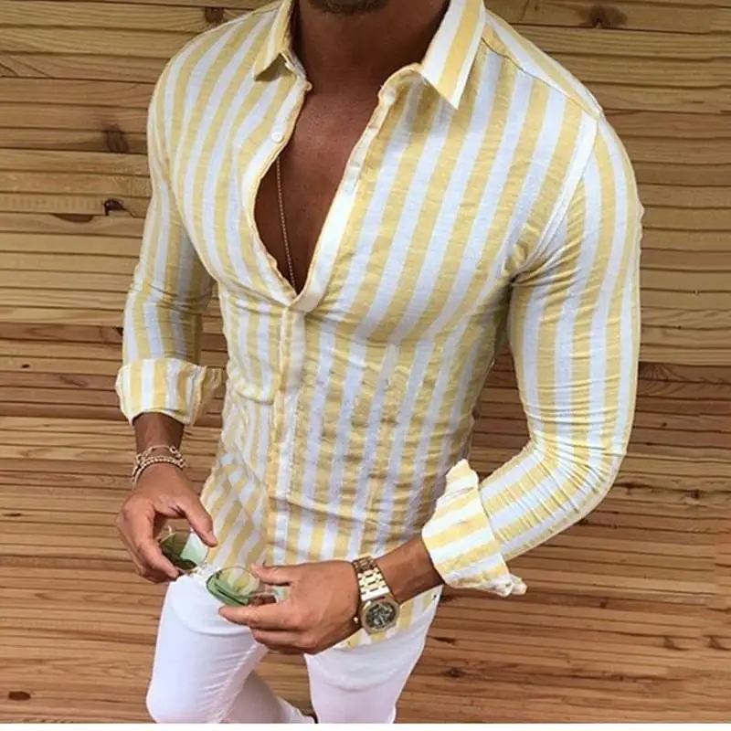

Korean Shirt Mens Fashion Casual Long Sleeve Striped Tops Casual Loose Blouse Shirts Streetwear Male camiseta masculina