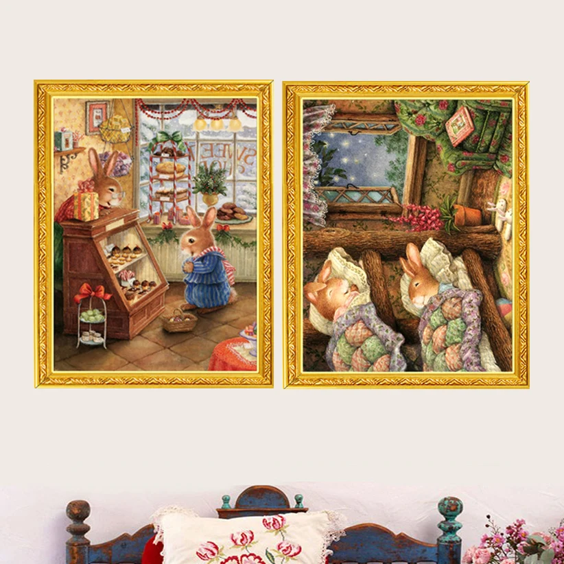 Needlework,DMC Color Full Embroidery kit,cartoon bunny rabbit's shop girl sweet dream Painted Pattern cross stitch children gift