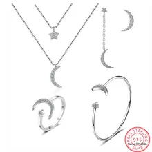Наборы ювелирных изделий из стерлингового серебра 925 пробы ожерелье с Луной и звездой+ серьги+ кольцо+ браслет для женщин Свадебное Украшение бижутерия