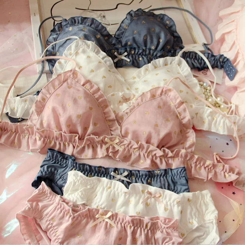 

Lolita bra girl heart gilded love velvet sexy lingerie no rim underwear cute curling triangle cup Underwear Women bra set