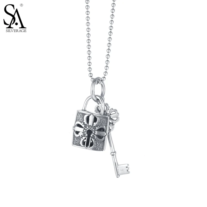 

SA SILVERAGE 925 Sterling Silver Long Vintage Necklaces Pendants For Women Key And Lock Shape Girl Gift Party Lady Fine Jewelry