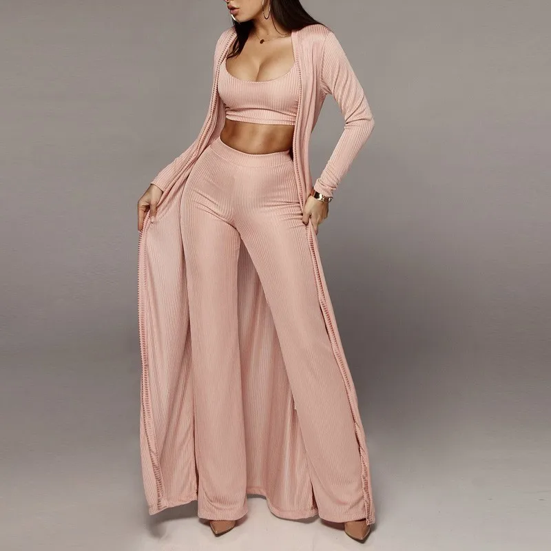 Women Knitted 3 Piece Set Spaghetti Strap Crop Top High Waist Pant Long