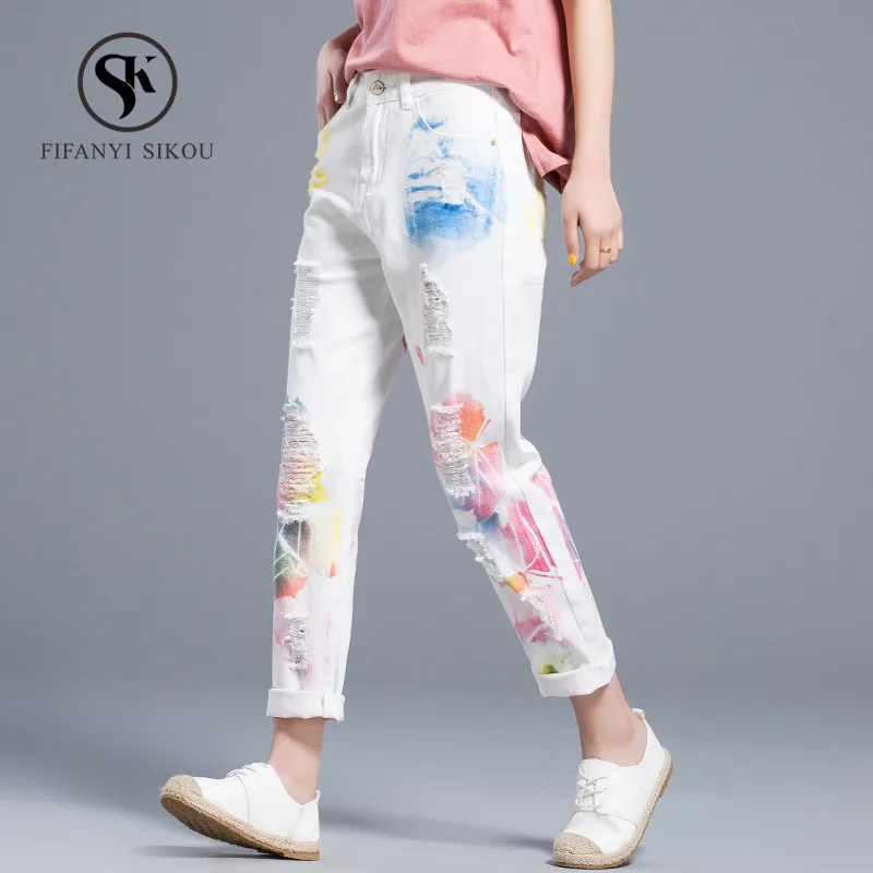 

High waist jeans women Fashion Painted Print Harem Pants Loose Washed Straight Jeans Womens Plus size Casual Denim Trousers Tide