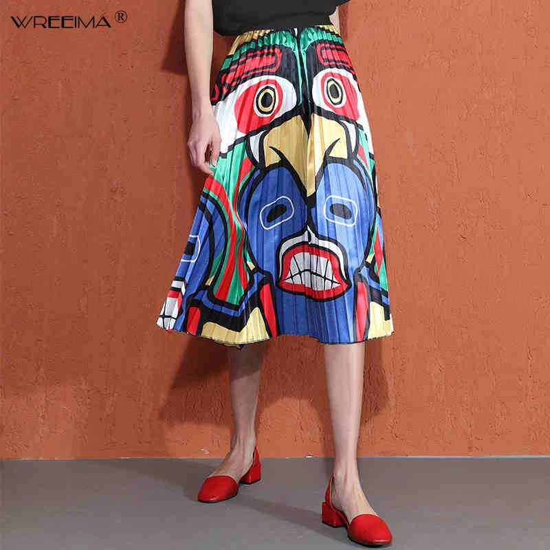 Wreeima/ г. Весенняя новинка, юбка в складку с рисунком в Европейском стиле, высокая эластичность, юбка трапециевидной формы в винтажном стиле до середины икры