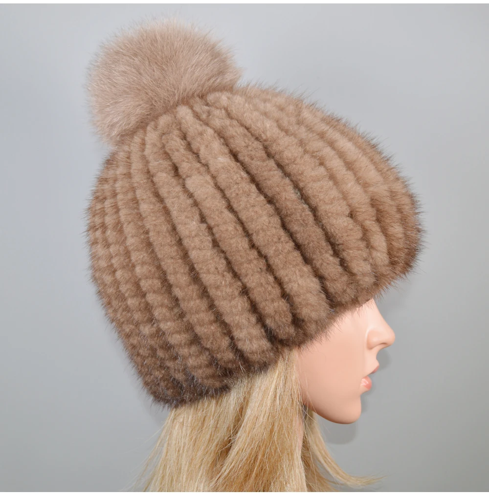 Новая Милая шапка из натурального меха норки, женские зимние вязаные настоящие шапочки с мехом норки, шапки с помпонами из лисьего меха