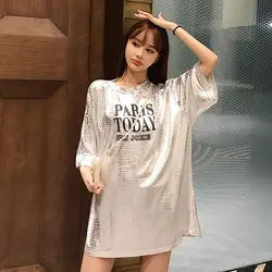 JIBAIYI корейский Свободный миди длинный с буквенным принтом короткий рукав Летняя футболка вечерние модные блестящий топ Женская