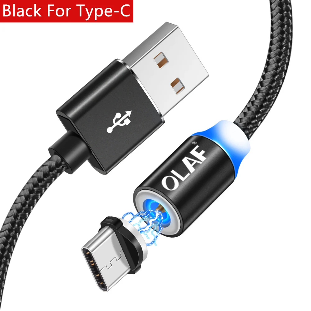 Магнитный светодиодный кабель OLAF, нейлоновый кабель Micro usb type C для iPhone X, XS, Max, samsung, S9, S8, huawei, Xiaomi, USB-C, магнитный шнур для зарядного устройства - Цвет: Black For Type-C