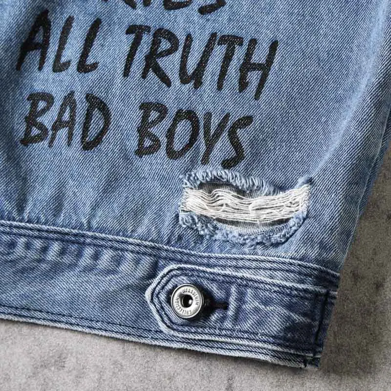 Mcikkny Men's Fashion Ripped Sleeves Jeans Jackets Washed Pleated Letter Printed Denim Vest Male Jean Waistcoat (2)