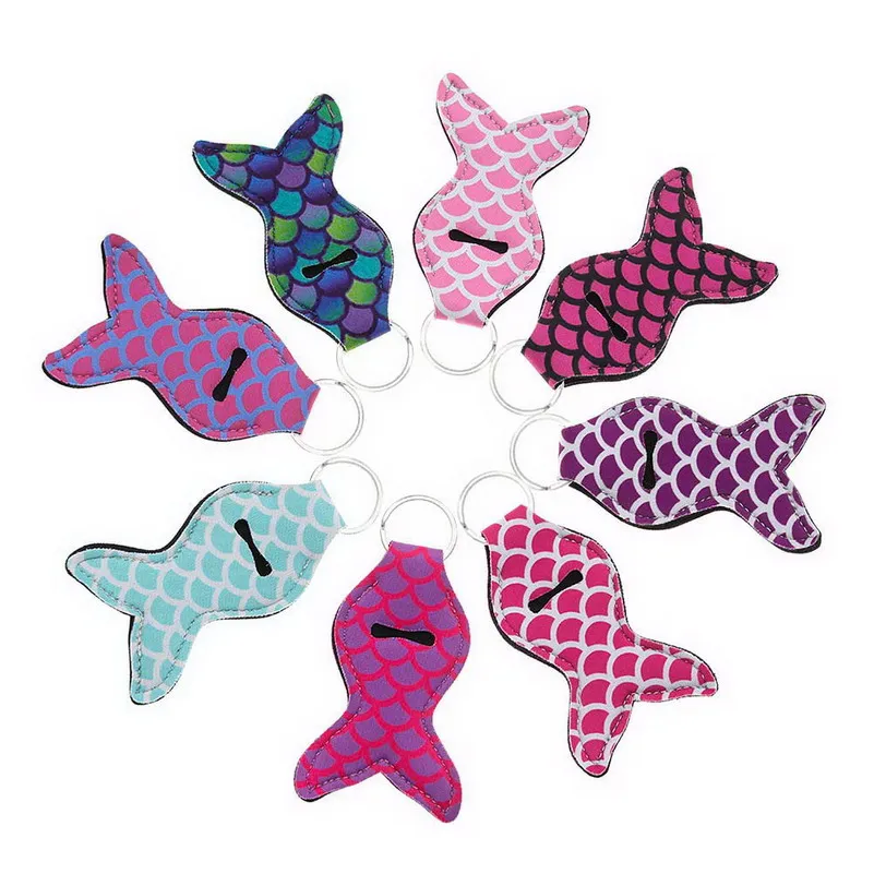 

8Pcs Mermaid Tail Neoprene Lipstick Holder Keychain Chapstick Key Chain Holder Lip Balm Vibrant Prints Key Chain Holder