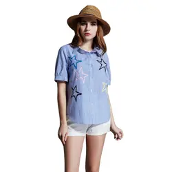 2019 модная женская рубашка большого размера хлопковая блузка в полоску с отложным воротником на пуговицах с коротким рукавом с вышивкой Blusas