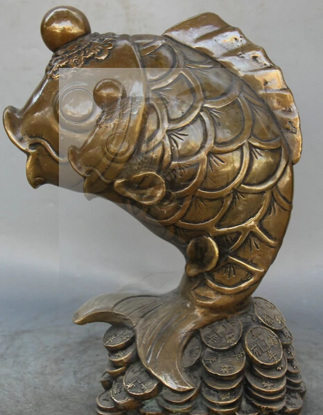 

JP S0524 13" Chinese Copper animal Wealth Money Fish barracuda play bead sculpture Statue B0403