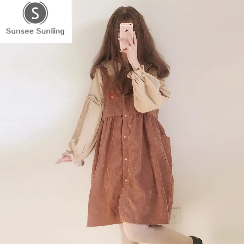 

Autumn Women's Japanese Soft Sister Girl Cotton and Linen Loose Petal Sleeve Women Shirts Add Strap Cute Female Dress Two-piece