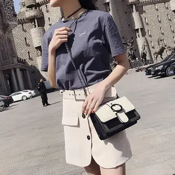 

Women Color Block Chain Leather Square Croosbody Organ Bag Shoulder Pouch