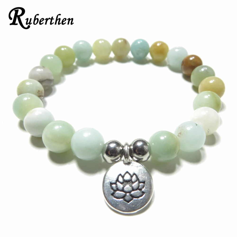 

Lubean Namaste Wrist Mala Lotus Bracelet Natural Amazonite Meditation Healing Bracelet Mala Bracelet for Birthday Gift
