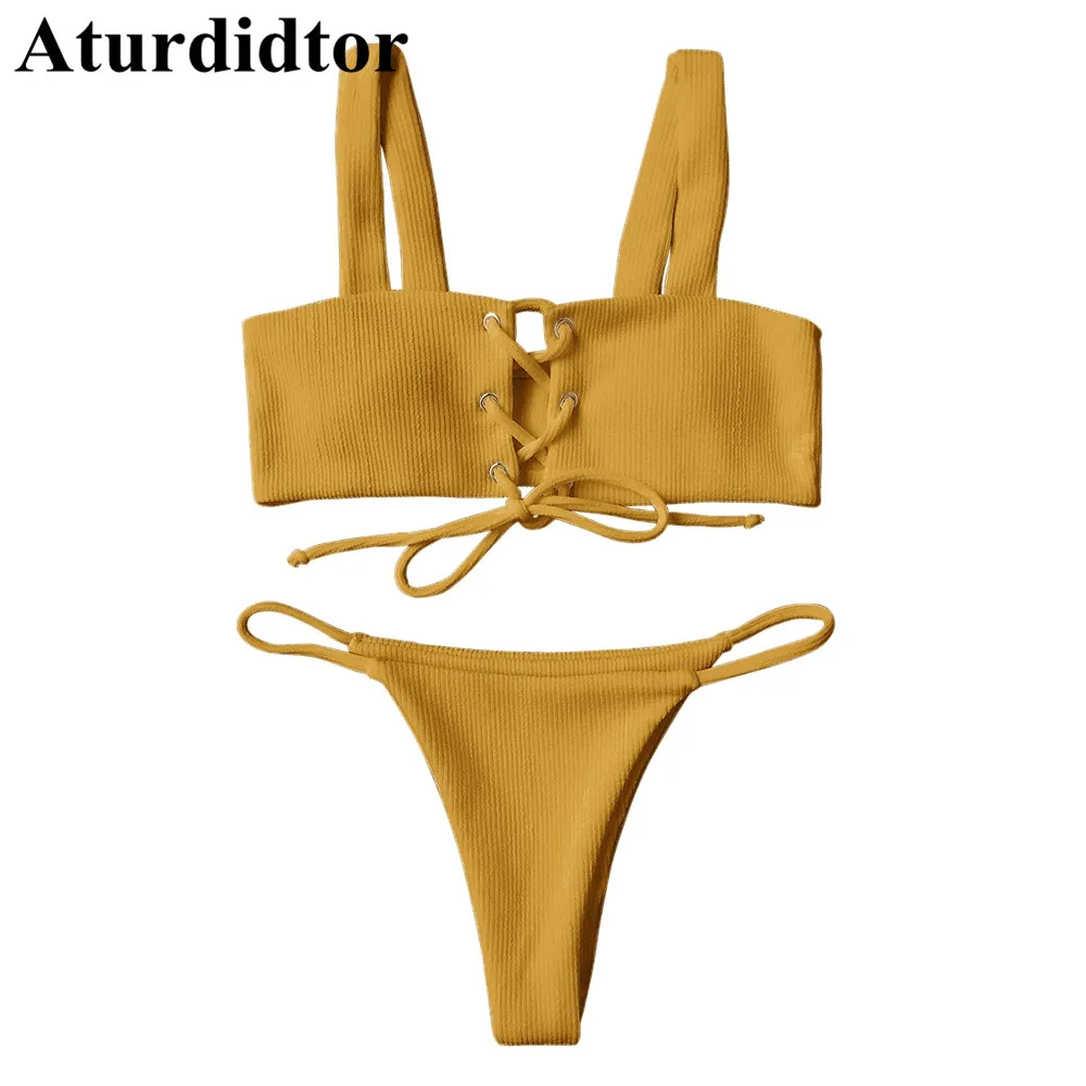

Bikini Set Summer Swimwear Biquini Women Sexy Beach Bandage Thong Swimsuit Yellow White Red Rib Textured Bathing Suit Brazilian