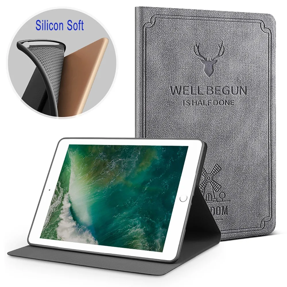 

For New iPad 9.7 inch 2017 2018 Air 1 2, Auto Sleep Smart Cover Deer Pattern PU Leather Soft silicone Deer 3D Carving Back Shell