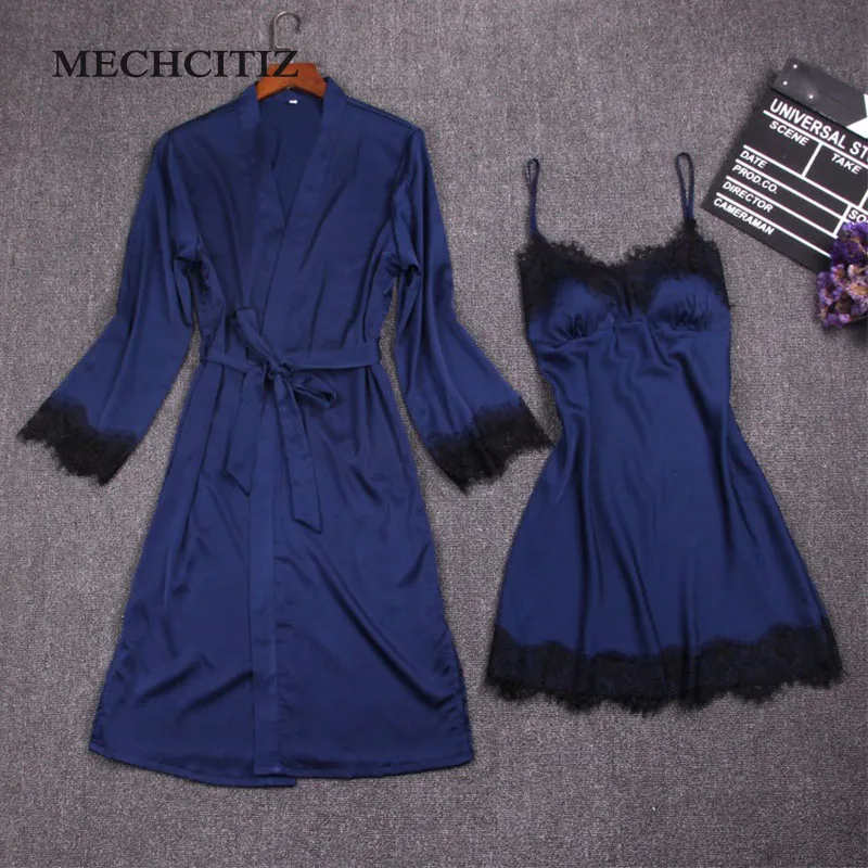 MECHCITIZ женский сексуальный бюстгальтер, пижамы, шелковые халаты, платье, ночная рубашка, набор, женская ночная рубашка из двух частей, кружевные халаты, домашняя одежда - Цвет: Синий