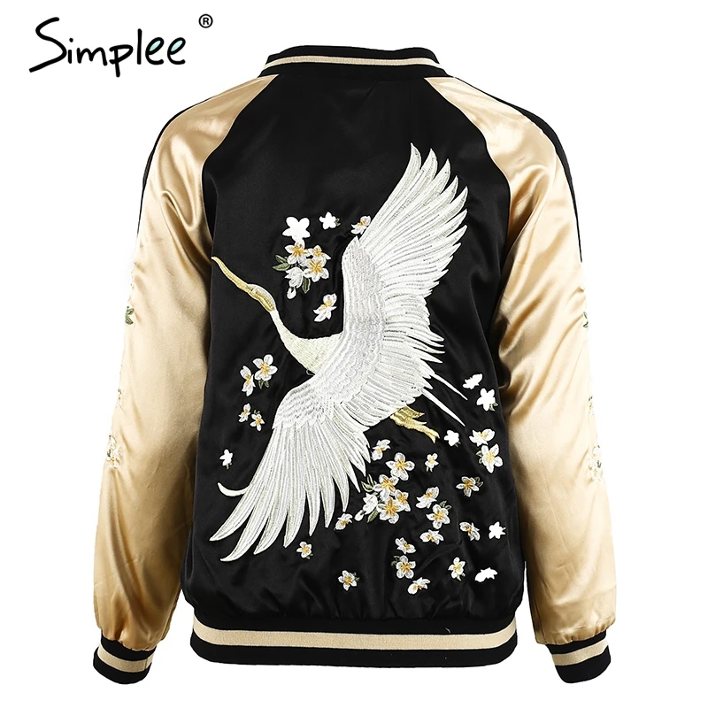 Simplee Vintage embroidery basic jacket coat Autumn 2018 street satin bomber jacket Women reversible baseball jackets sukajan